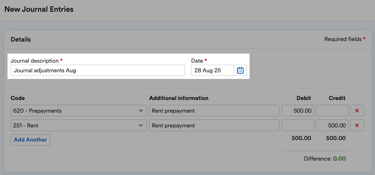 'Journal description' and 'Date' fields highlighted.