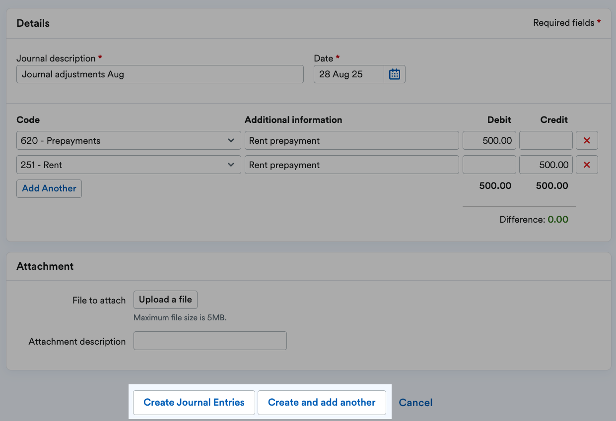 'Create Journal Entries' and 'Create and add another' buttons highlighted at bottom of page.