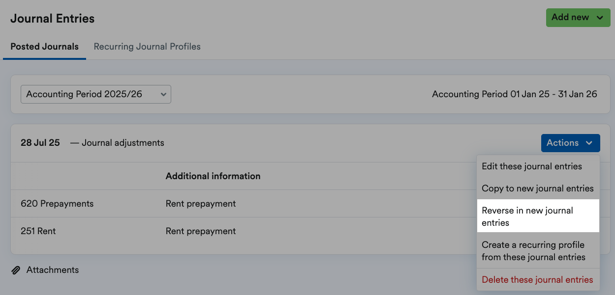 'Reverse in new journal entries' highlighted on Actions drop down menu.