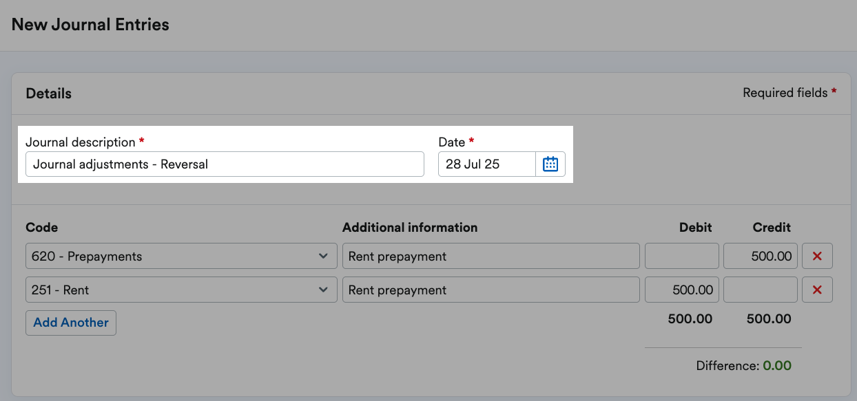 'Journal description' and 'Date' fields highlighted.
