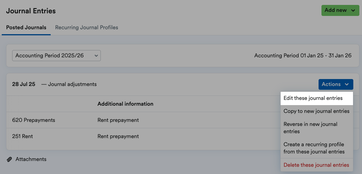 Edit these journal entries highlighted in Actions drop-down menu