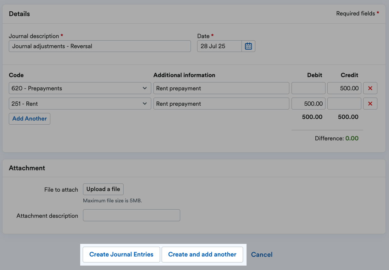 'Create Journal Entries' and 'Create and add another' buttons highlighted at bottom of page.