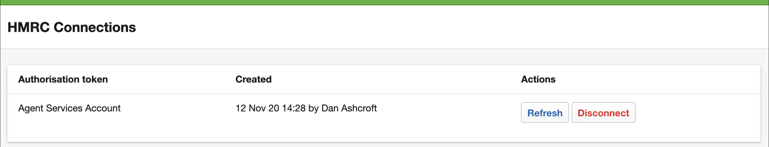 HMRC connections page in dashboard