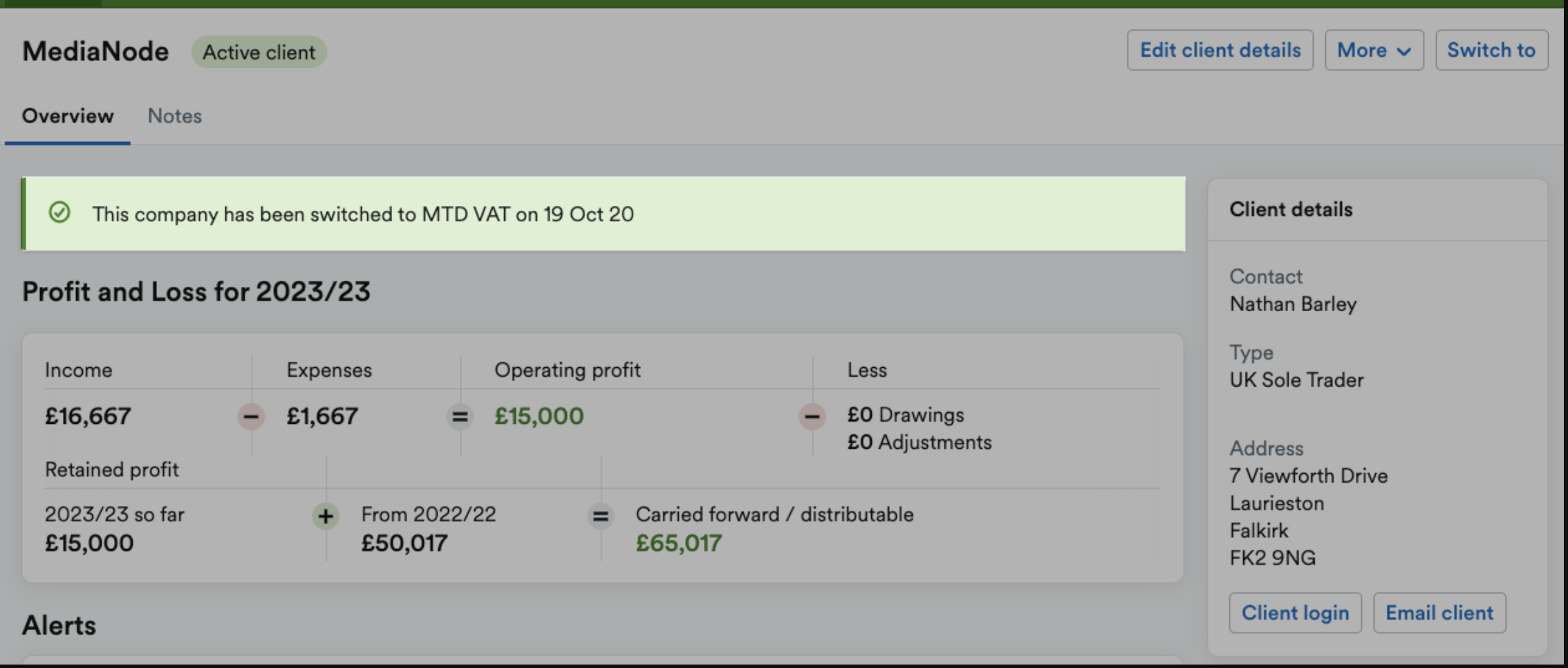 Banner confirming client has been switched to MTD for VAT filing