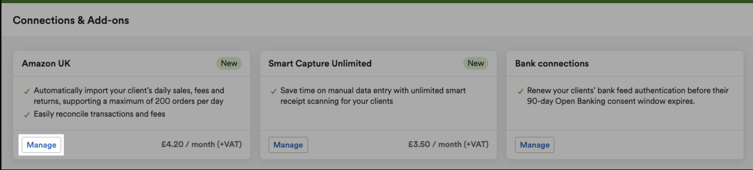 ‘Manage’ button highlighted on an add-on panel within the Connections & Add-ons page.