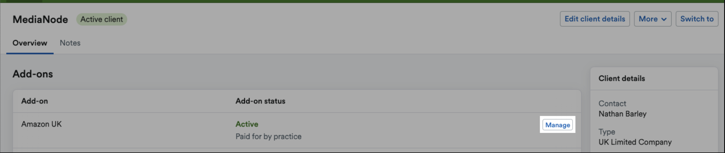 ‘Manage’ button highlighted next to an add-on listing on an example client’s page.
