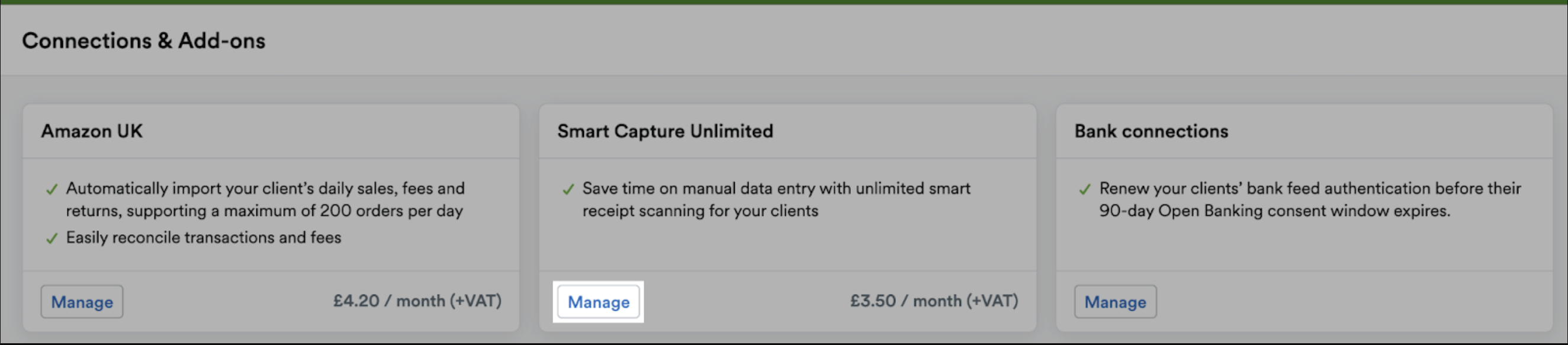 ‘Manage’ button highlighted on the Smart Capture Unlimited panel within the Connections & Add-ons page.