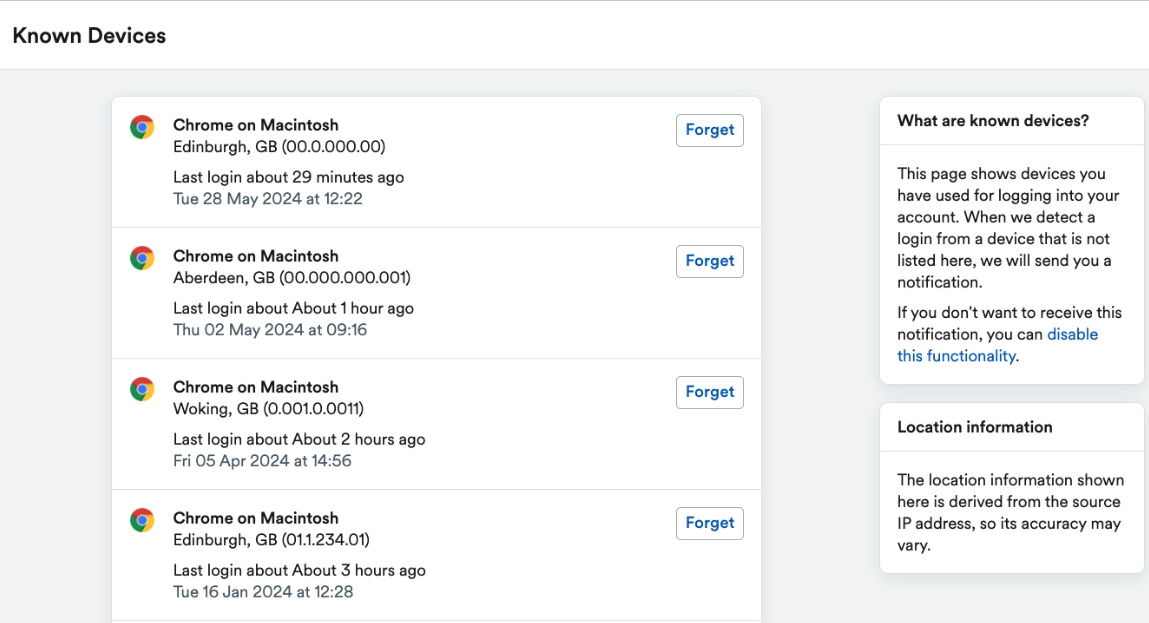 Known Devices page showing devices and last login dates.