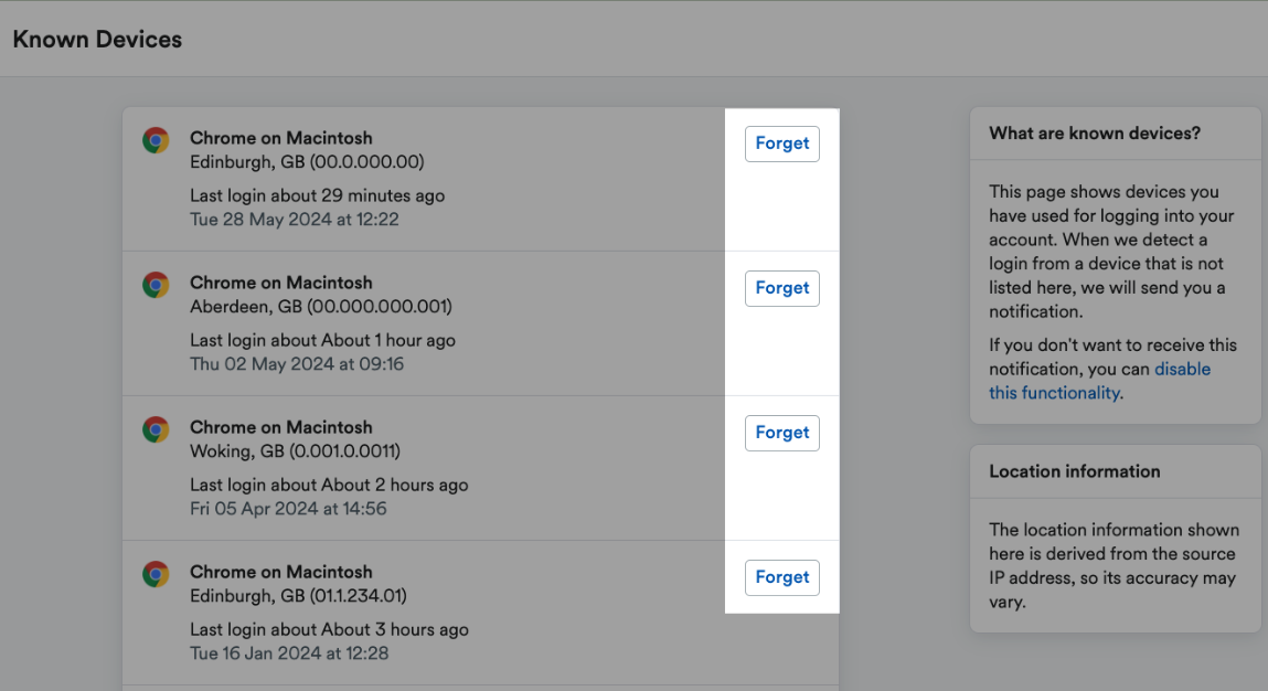 'Forget' button highlighted next to listed devices.