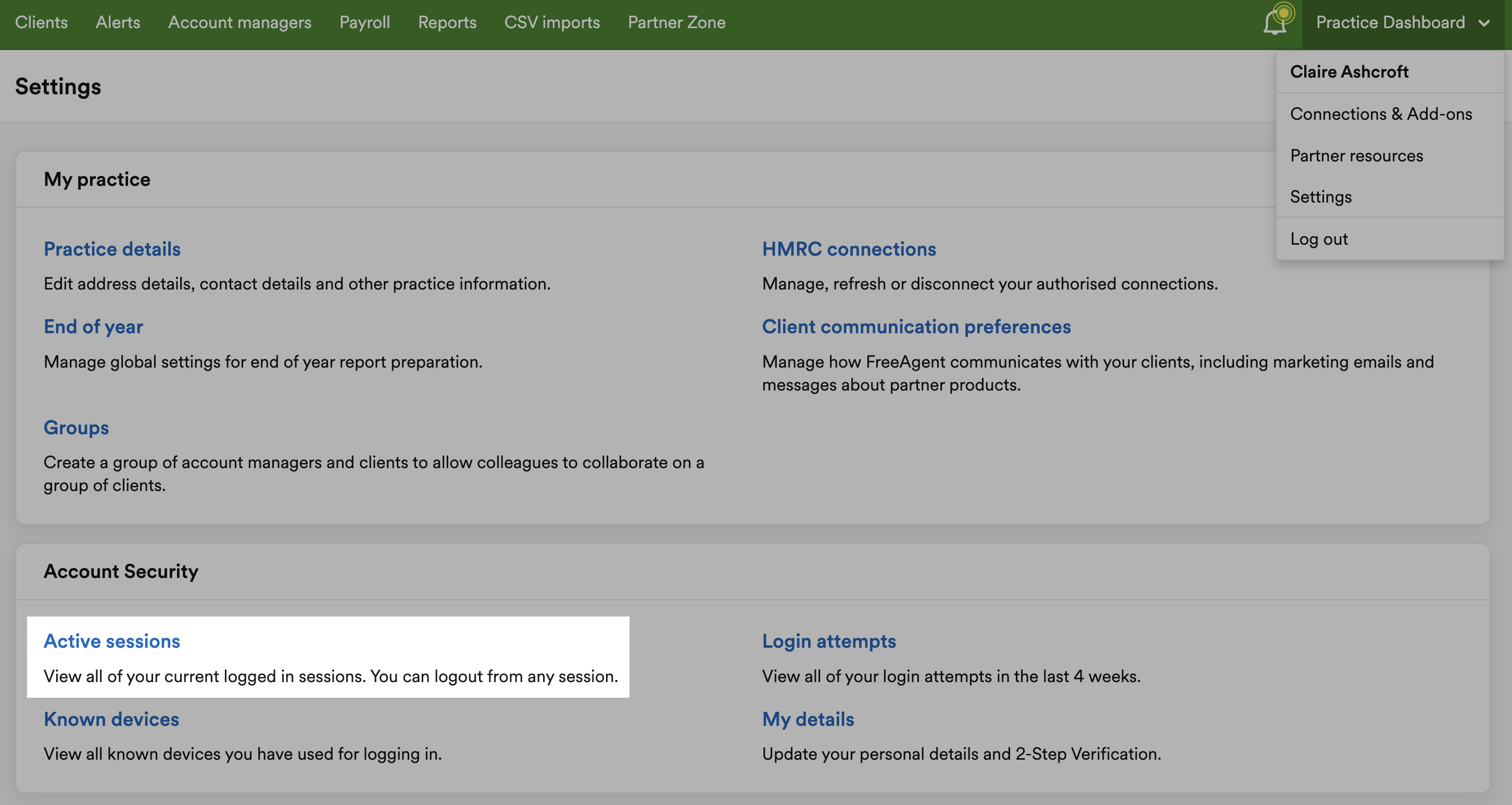 View and manage active sessions on your Practice Dashboard – FreeAgent