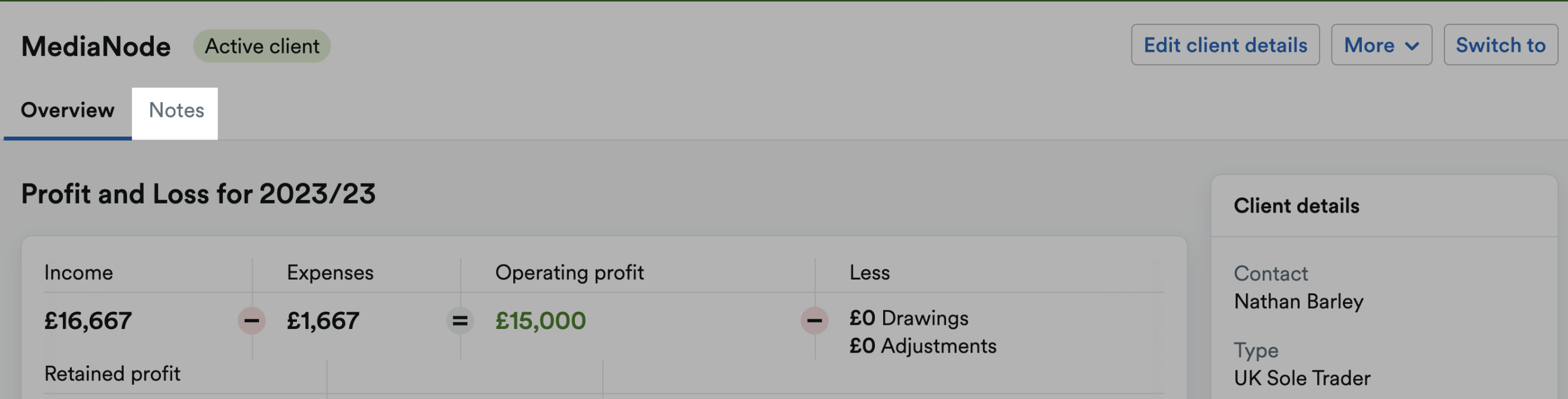 Notes tab highlighted within a client's profile