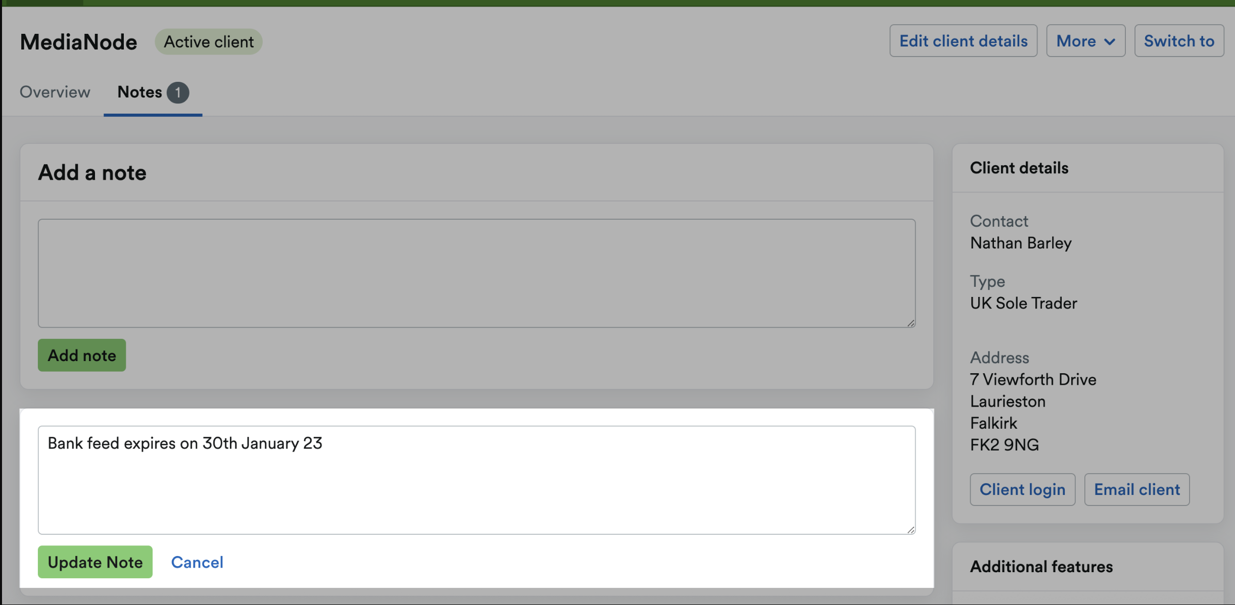 Field to update note and update note button highlighted