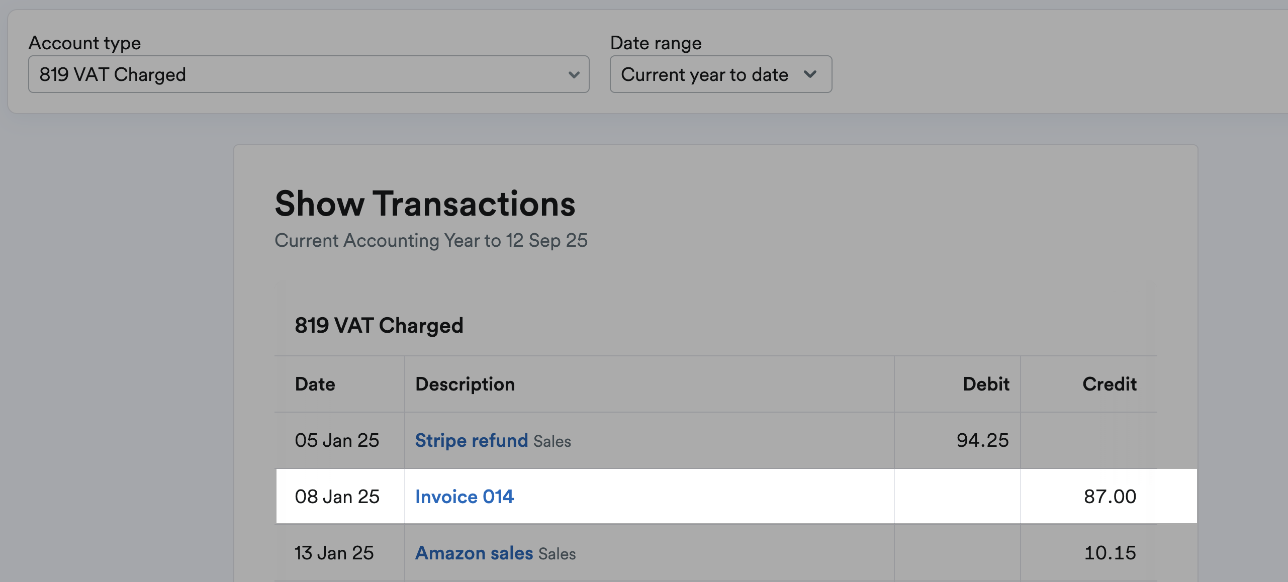 VAT Charged entry highlighted on Show Transactions report