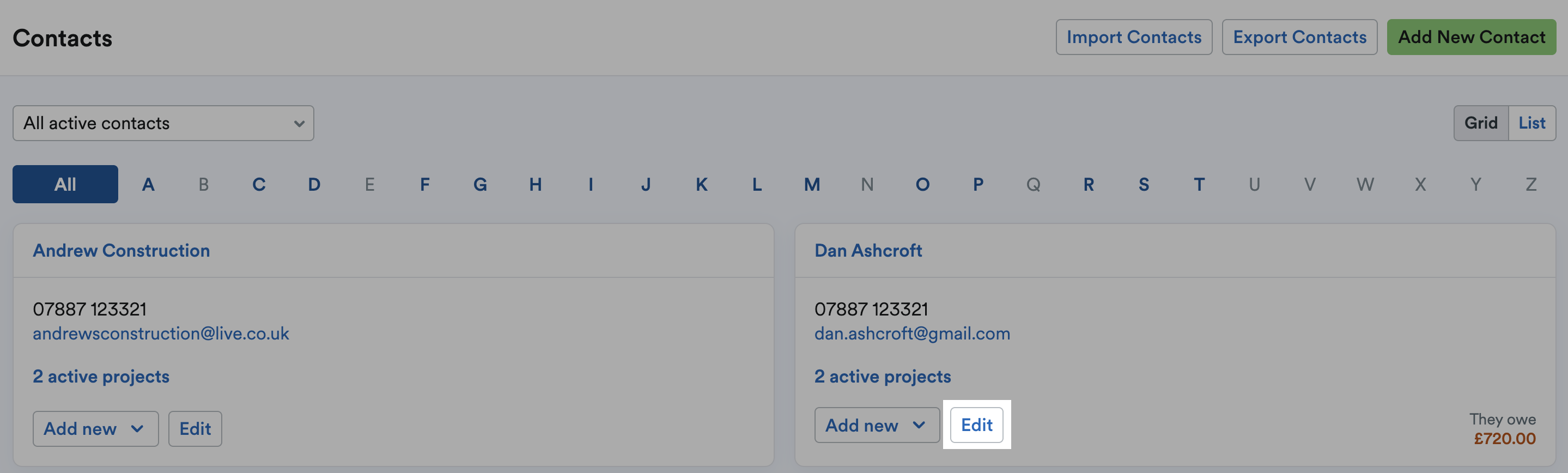 Edit button highlighted for a contact