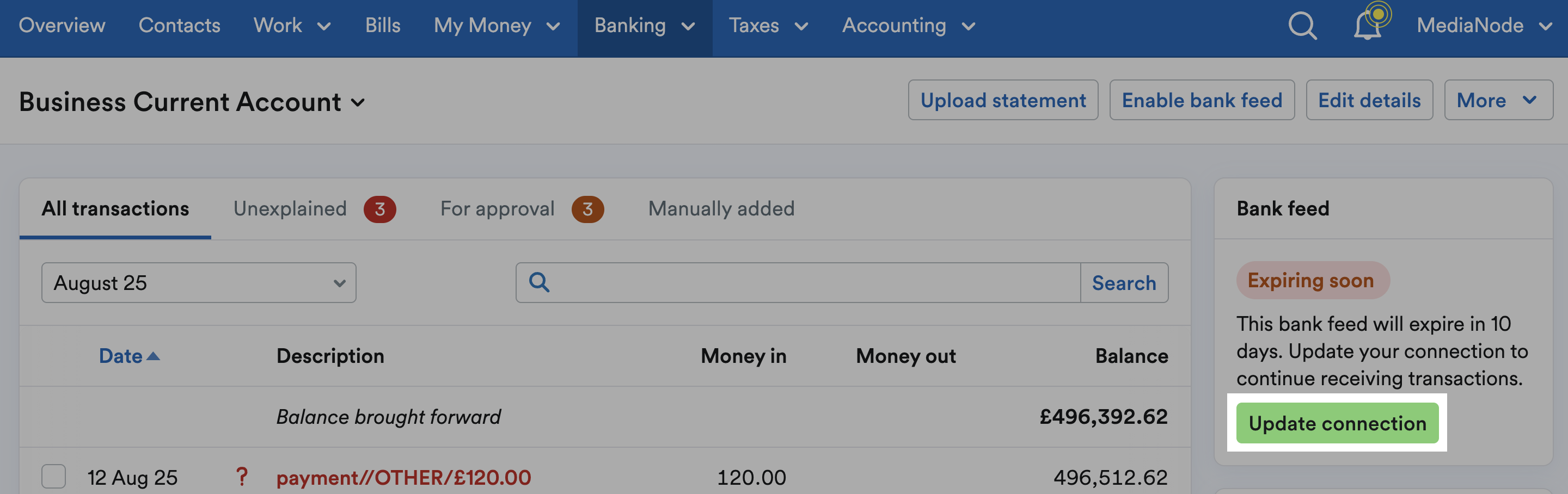 Update connection button highlighted on the Bank connection panel