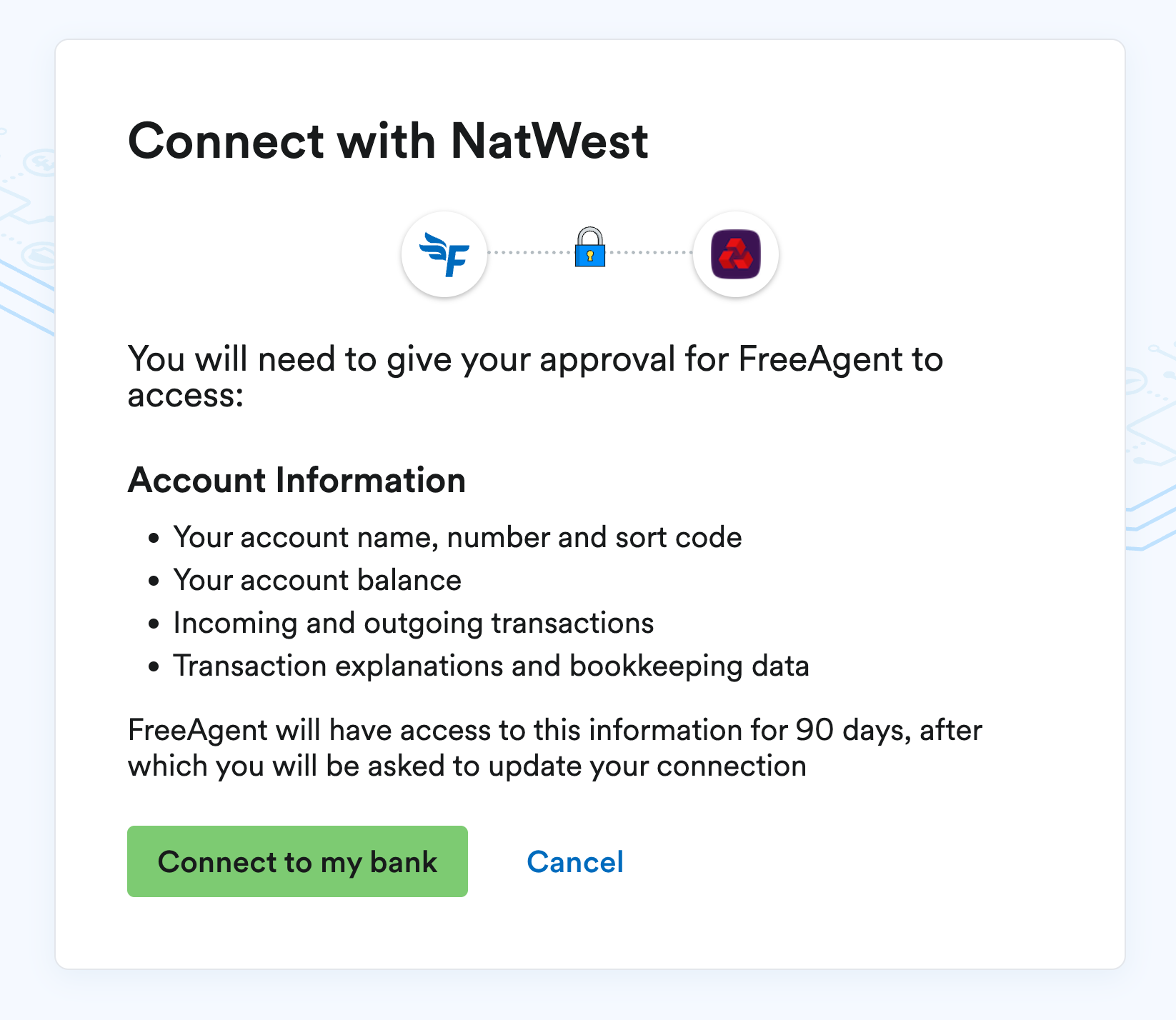 Connect with NatWest page with a 'Connect to my bank' button.