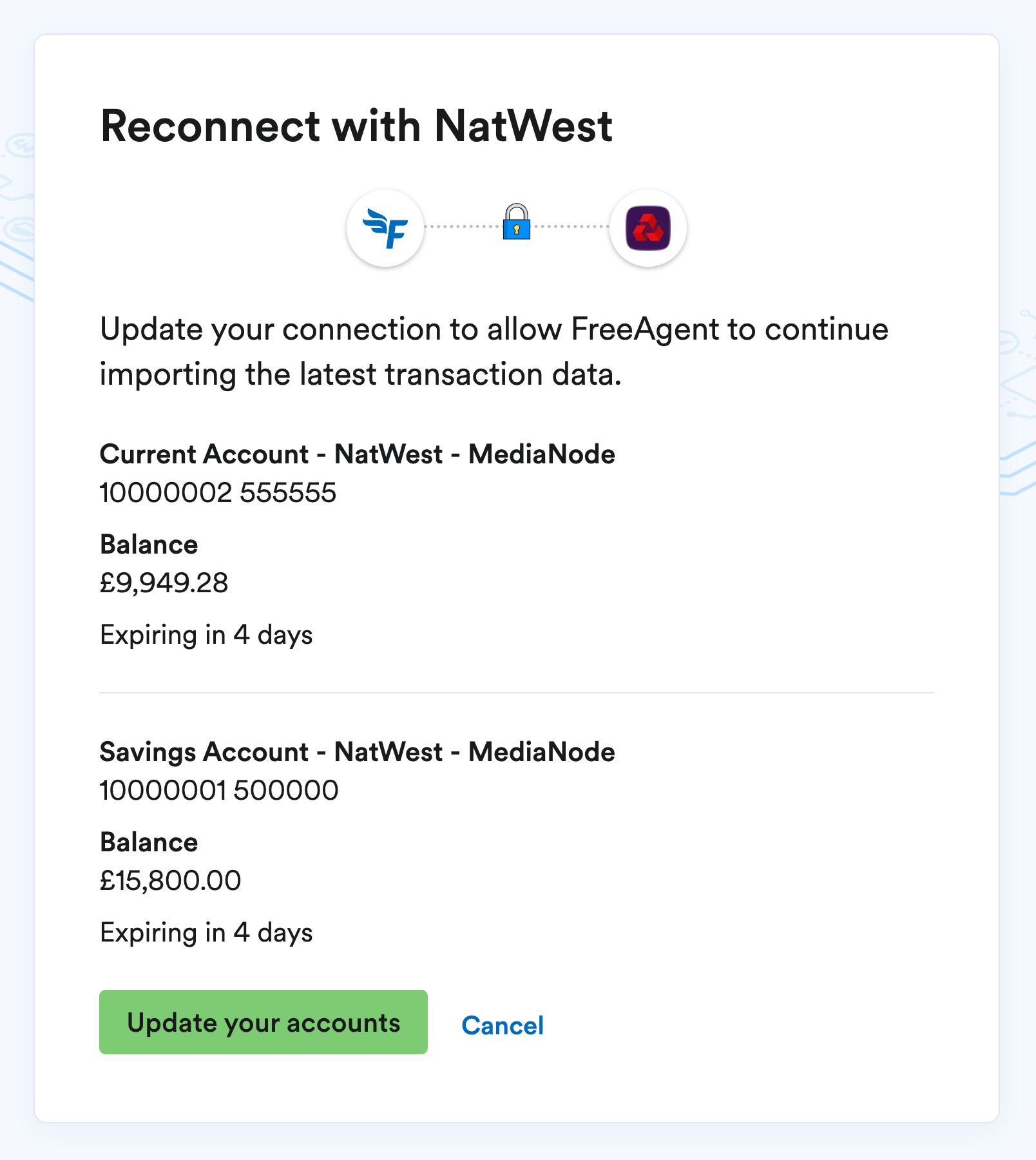 Reconnect with NatWest page with an 'Update your accounts' button.