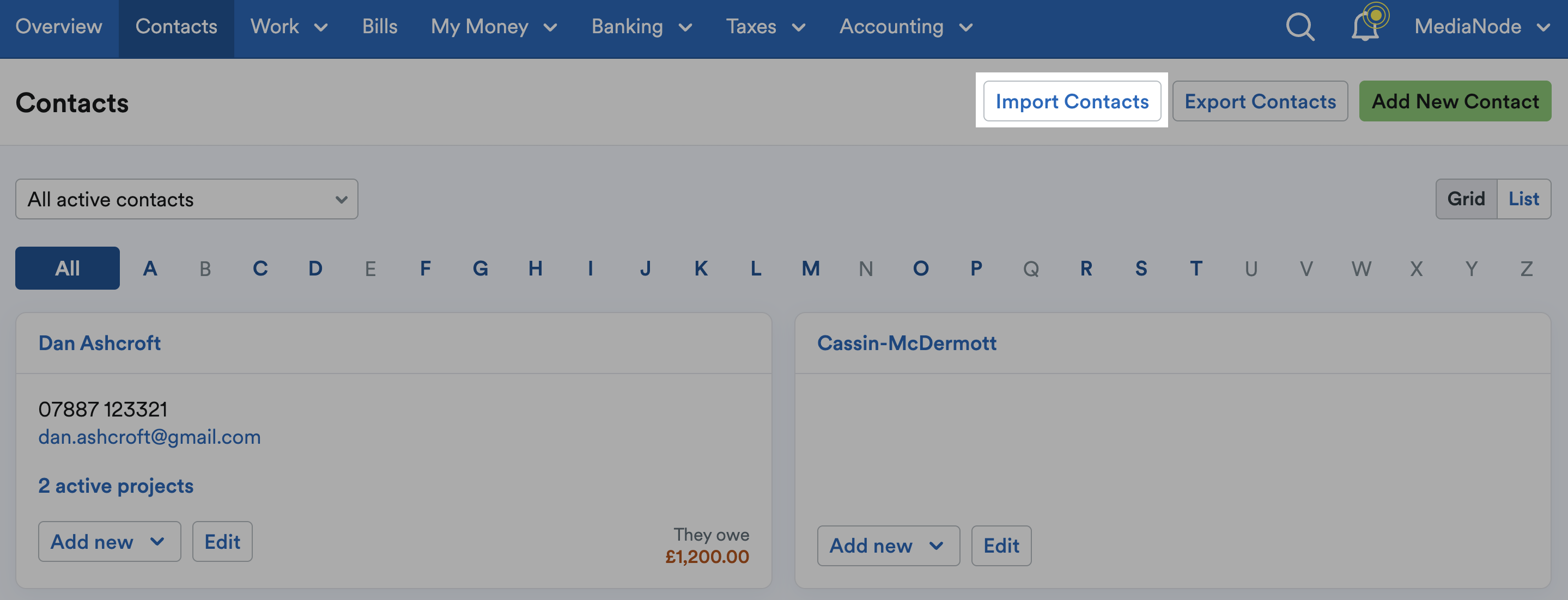 Import Contacts button highlighted