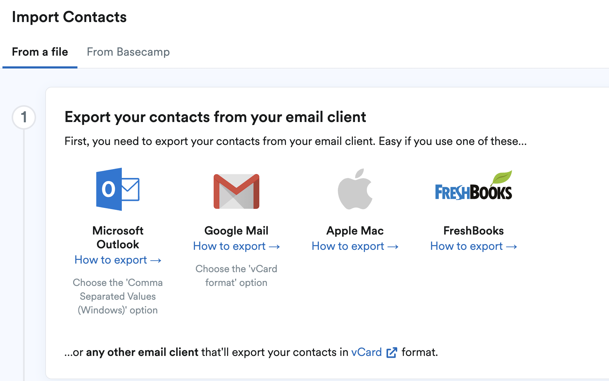 Step 1 of importing contacts advising that contacts need to be exported from the email provider