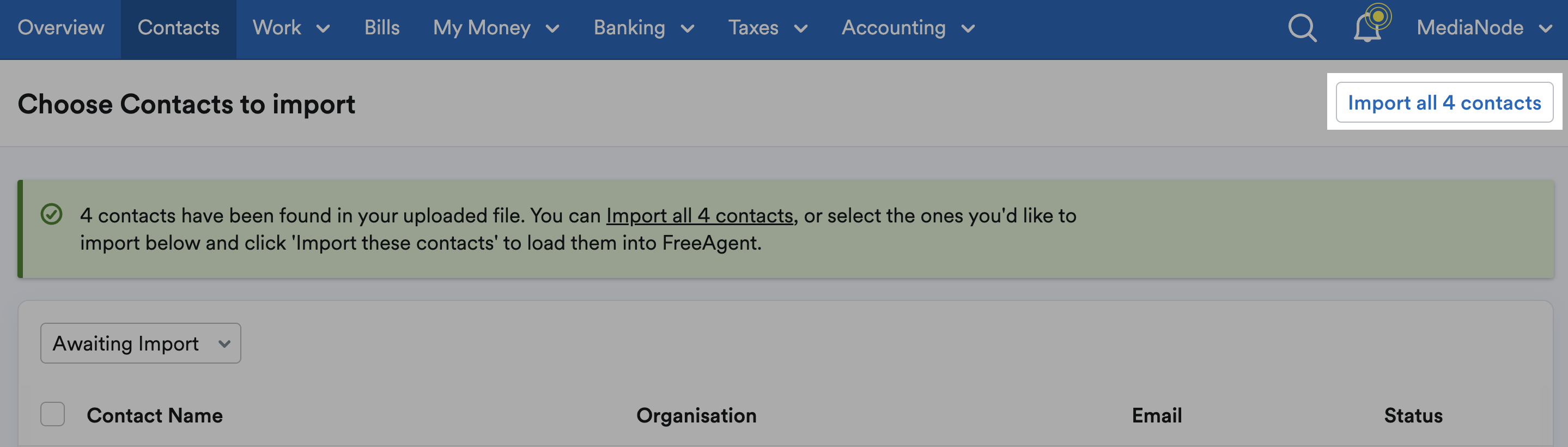 Import Contacts button highlighted in top-right