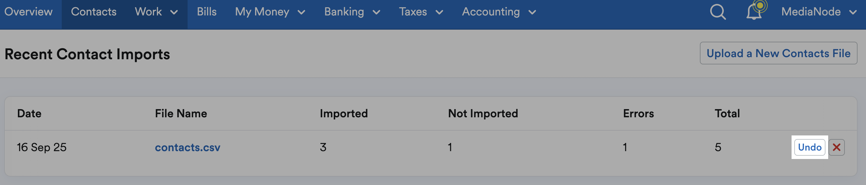 List of recent contact imports and Undo button highlighted