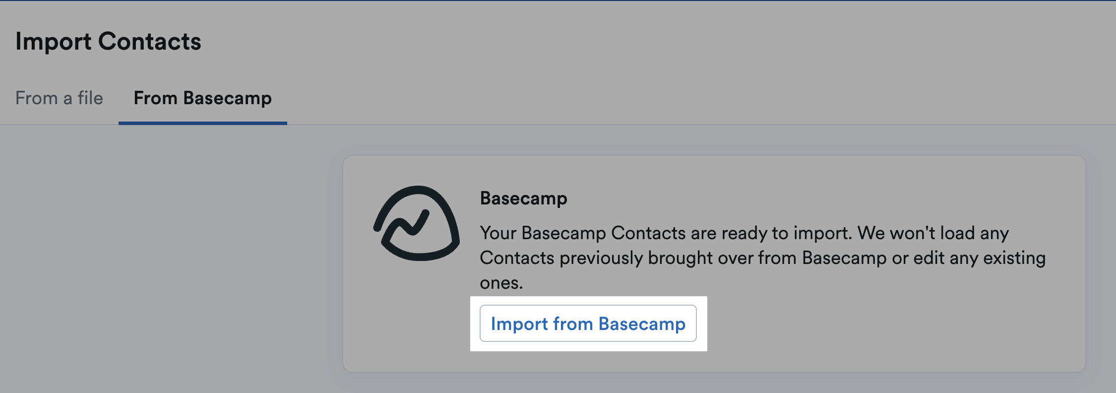 Import from Basecamp button highlighted