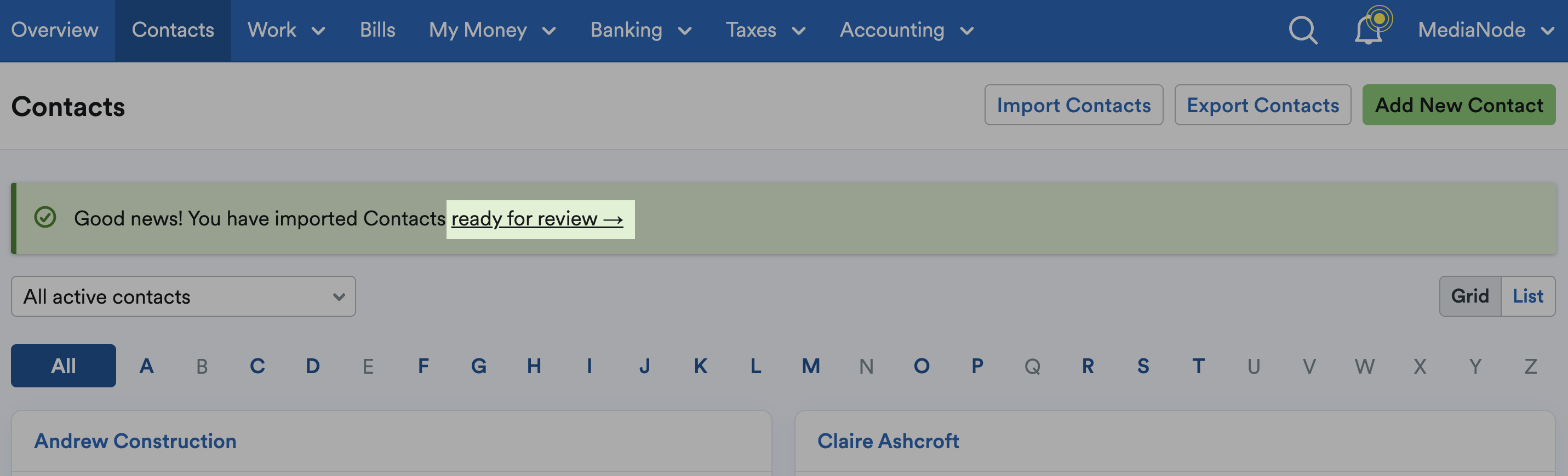 Ready for review link highlighted at the top of Contacts screen