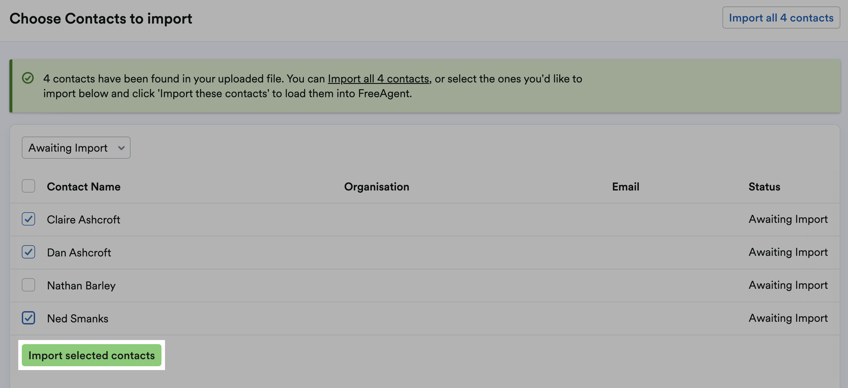 Import selected contacts button highlighted at the bottom of the screen