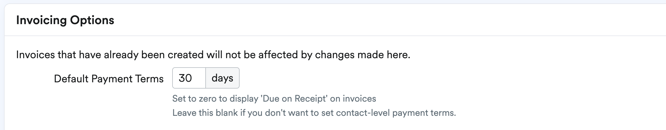 Default Payment terms field in the Invoicing Options section