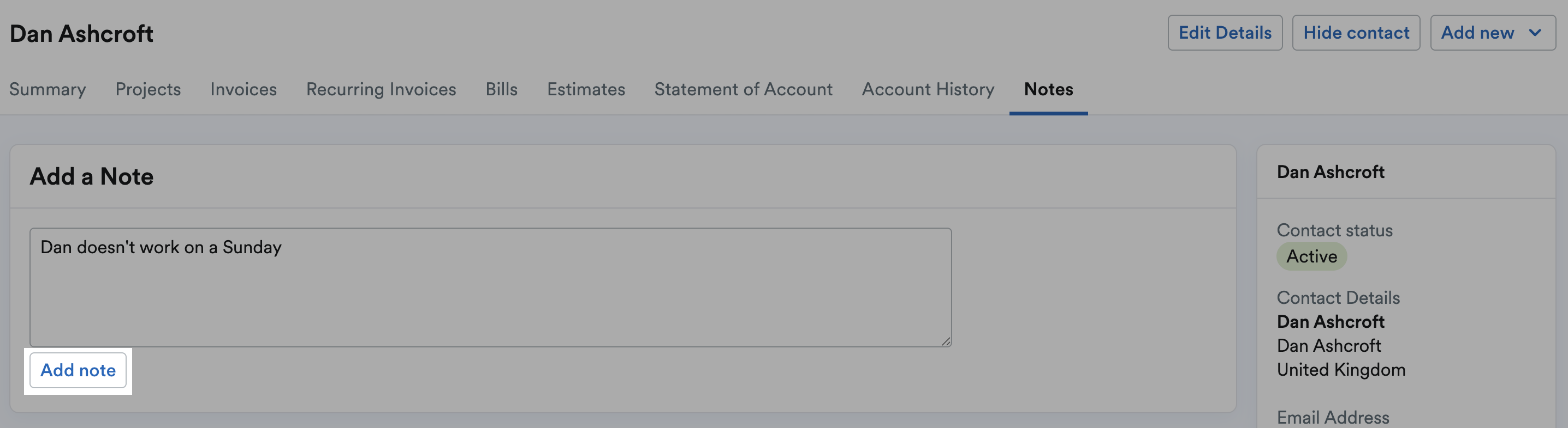 Add note button highlighted