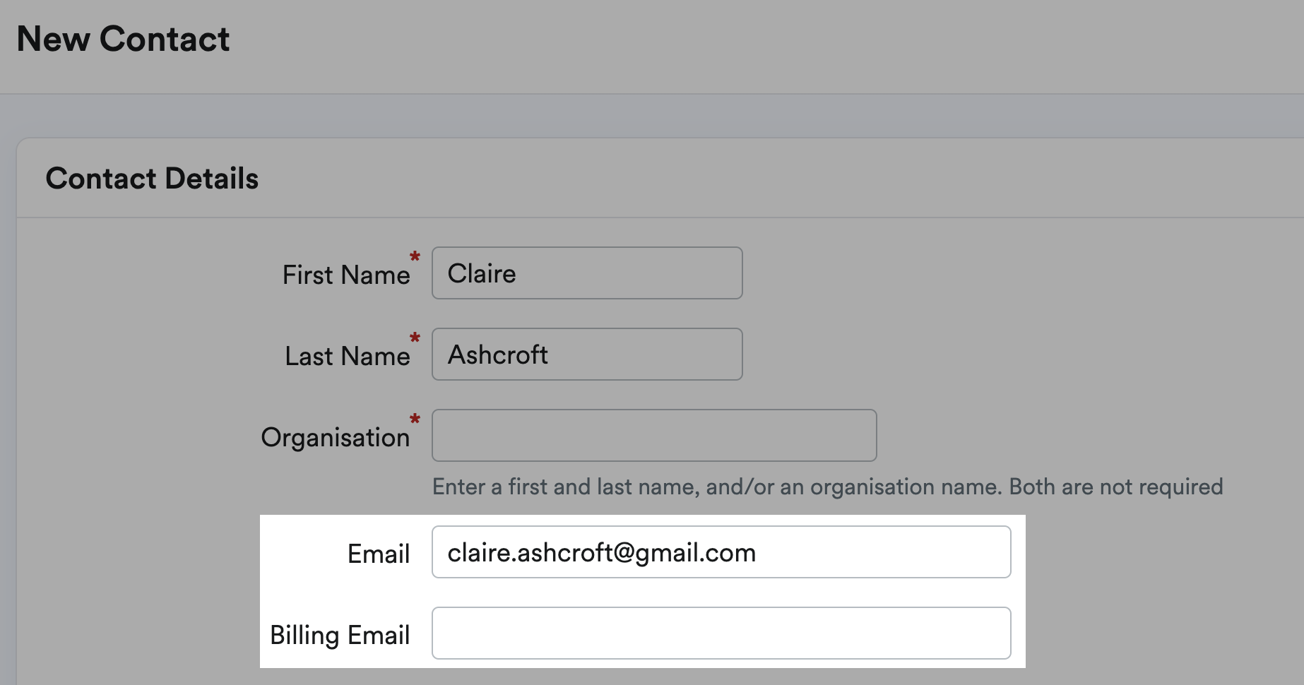Email and Billing Email fields highlighted in the Contact Details section