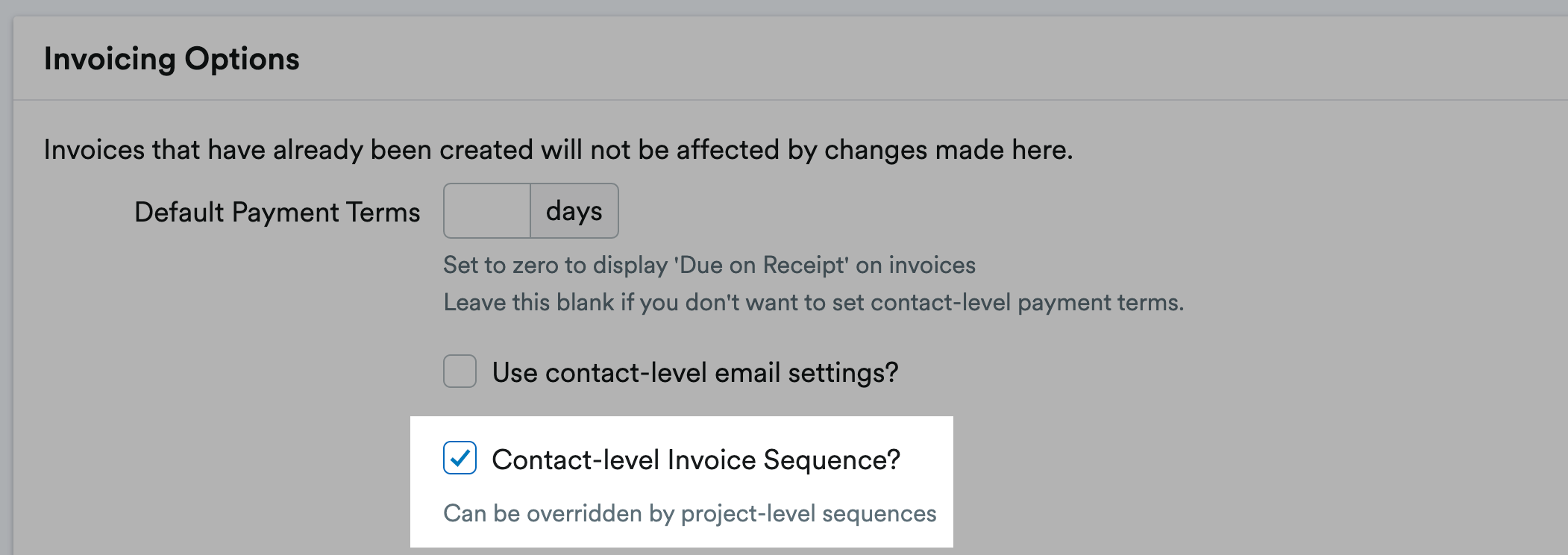 Contact-level invoice Sequence field highlighted in the Invoicing Options section