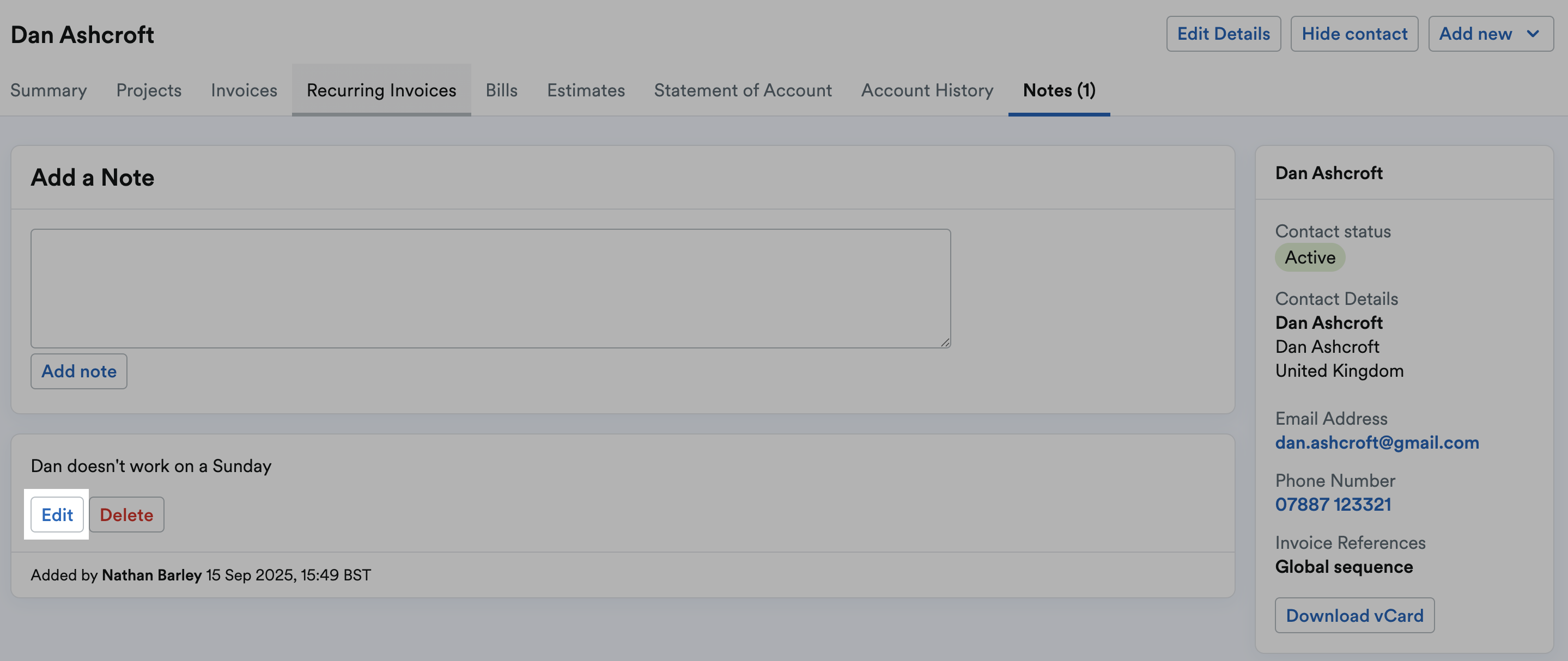 Edit button highlighted below the note