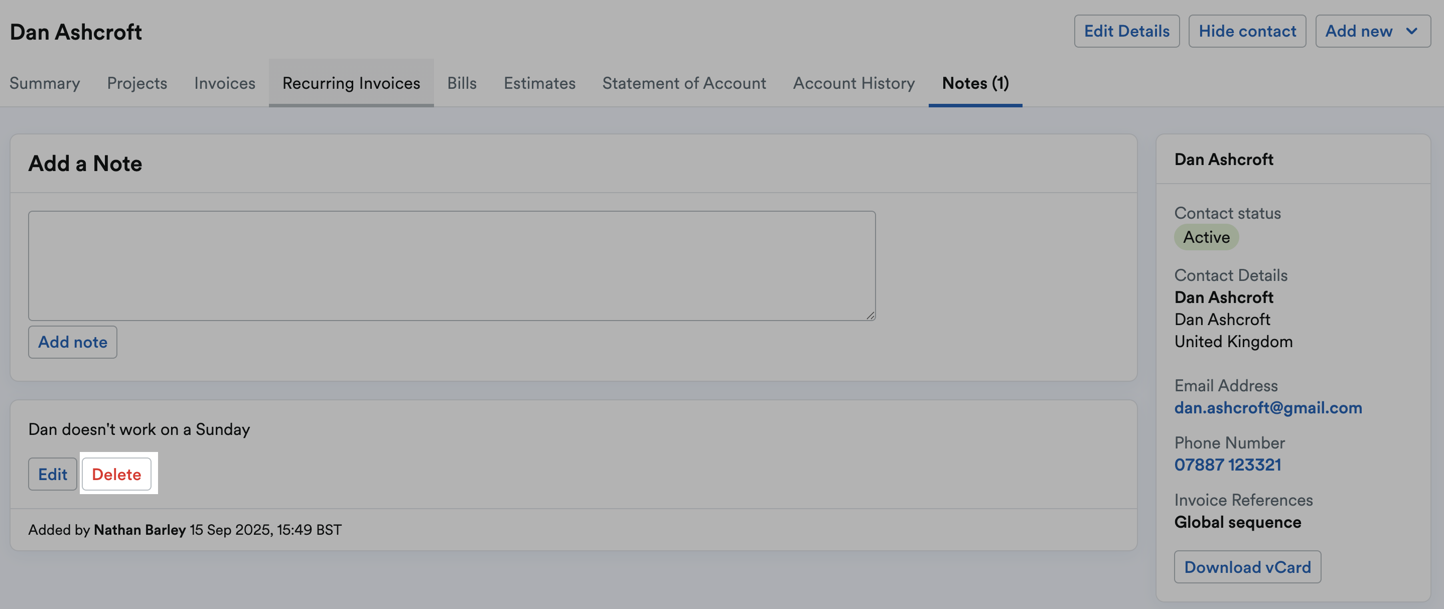 Delete button highlighted below the note