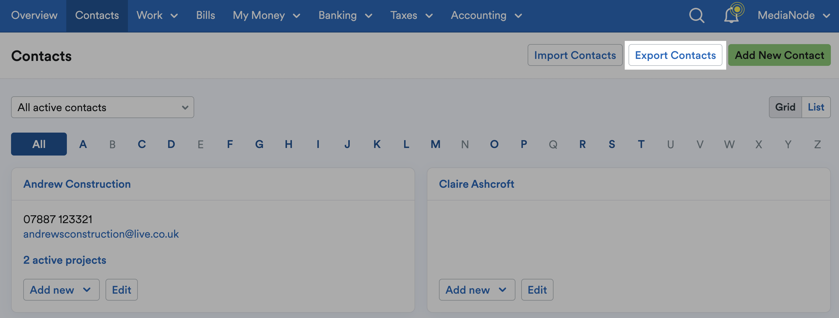 Export Contacts button highlighted in the top-right of the Contacts screen