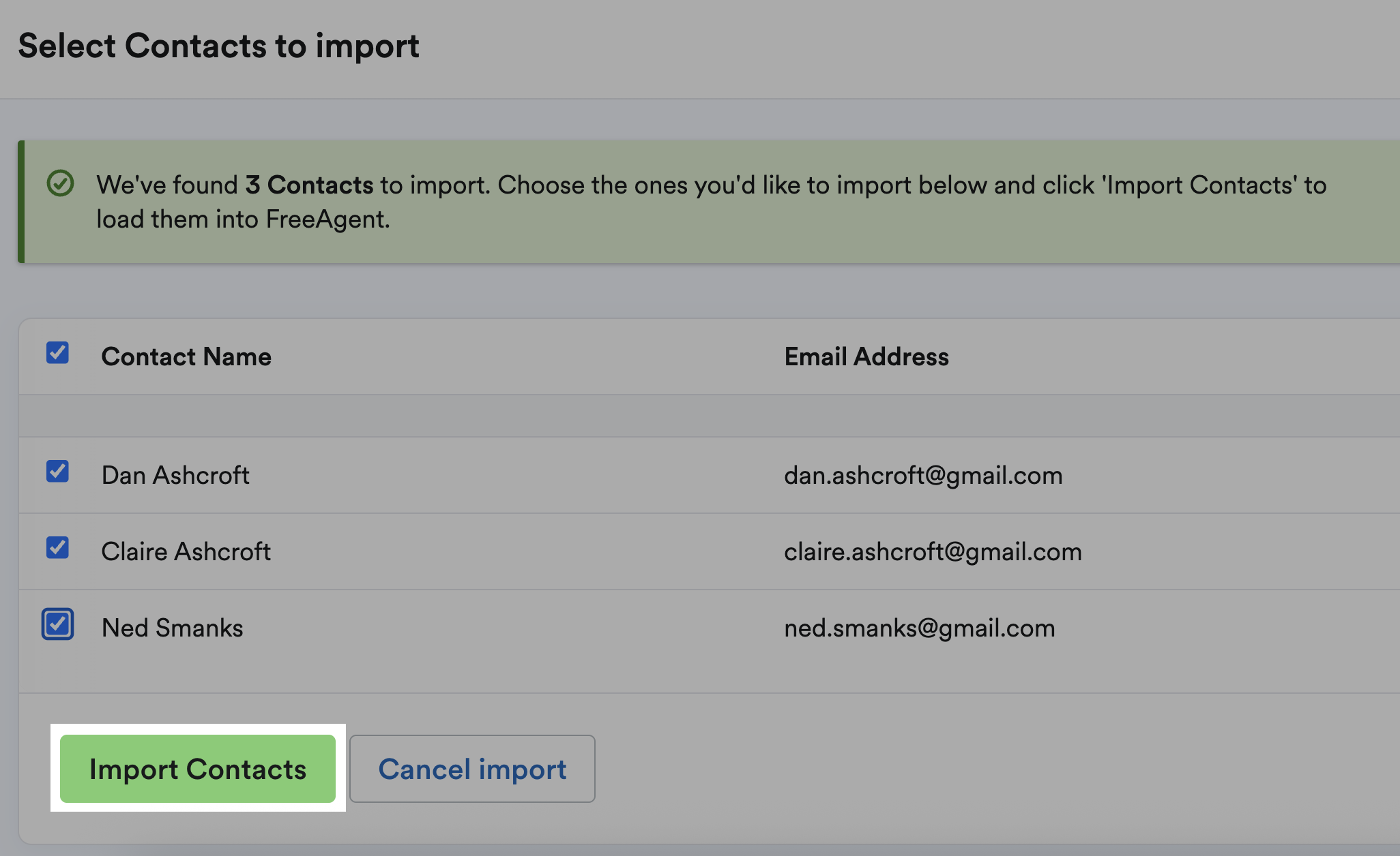Import Contacts button highlighted at the bottom of the screen
