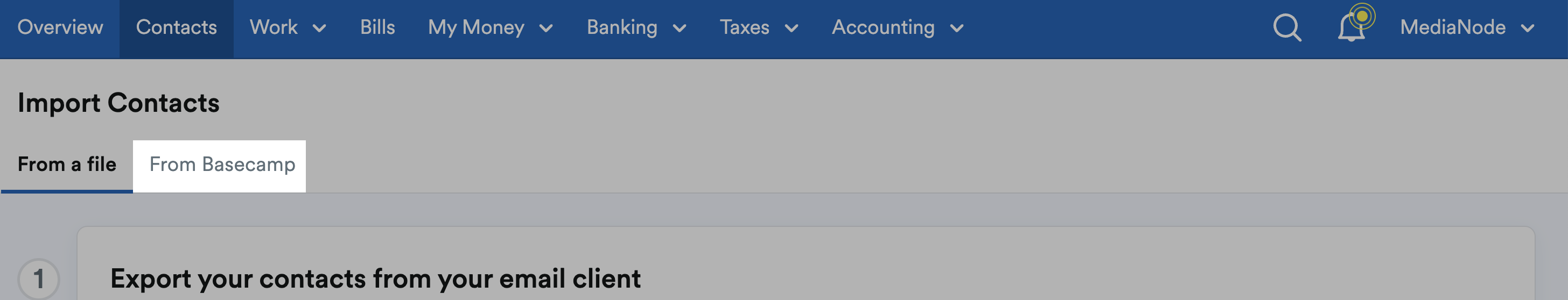 Import Contacts screen with the 'From Basecamp' tab highlighted