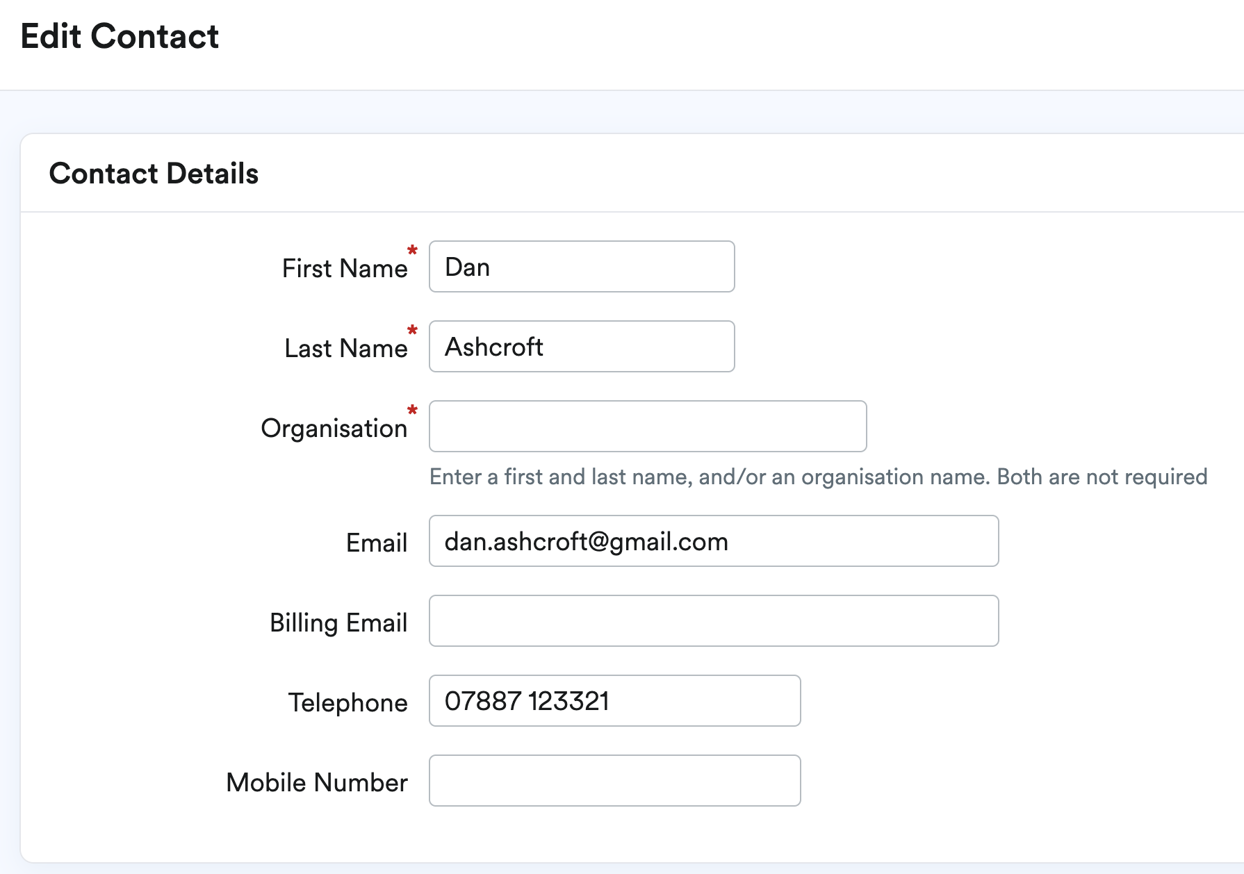 Edit Contact screen to make changes to the contact's details