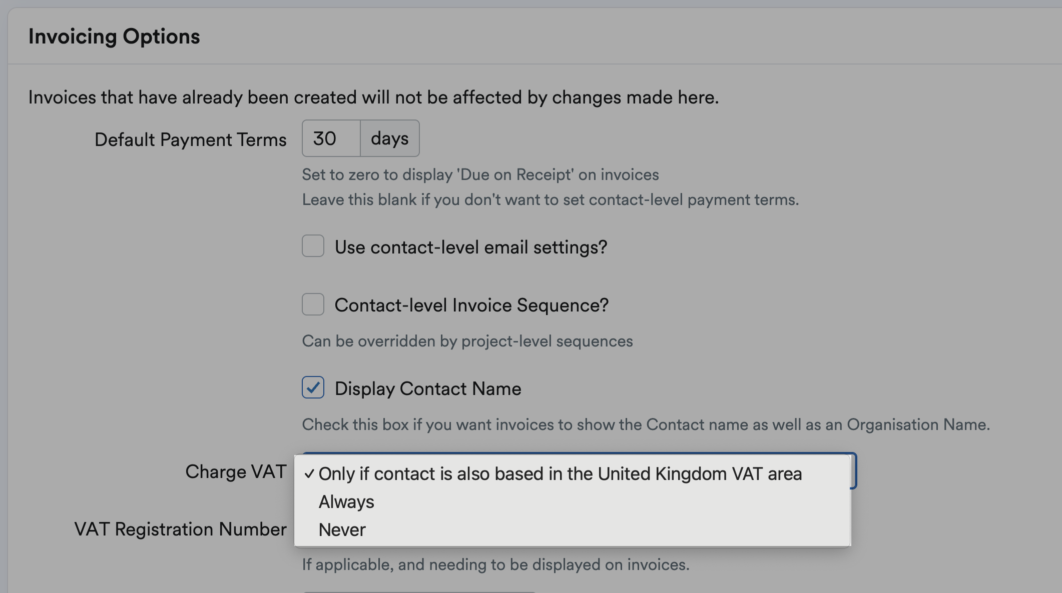 Charge VAT options highlighted in the Invoicing Options section