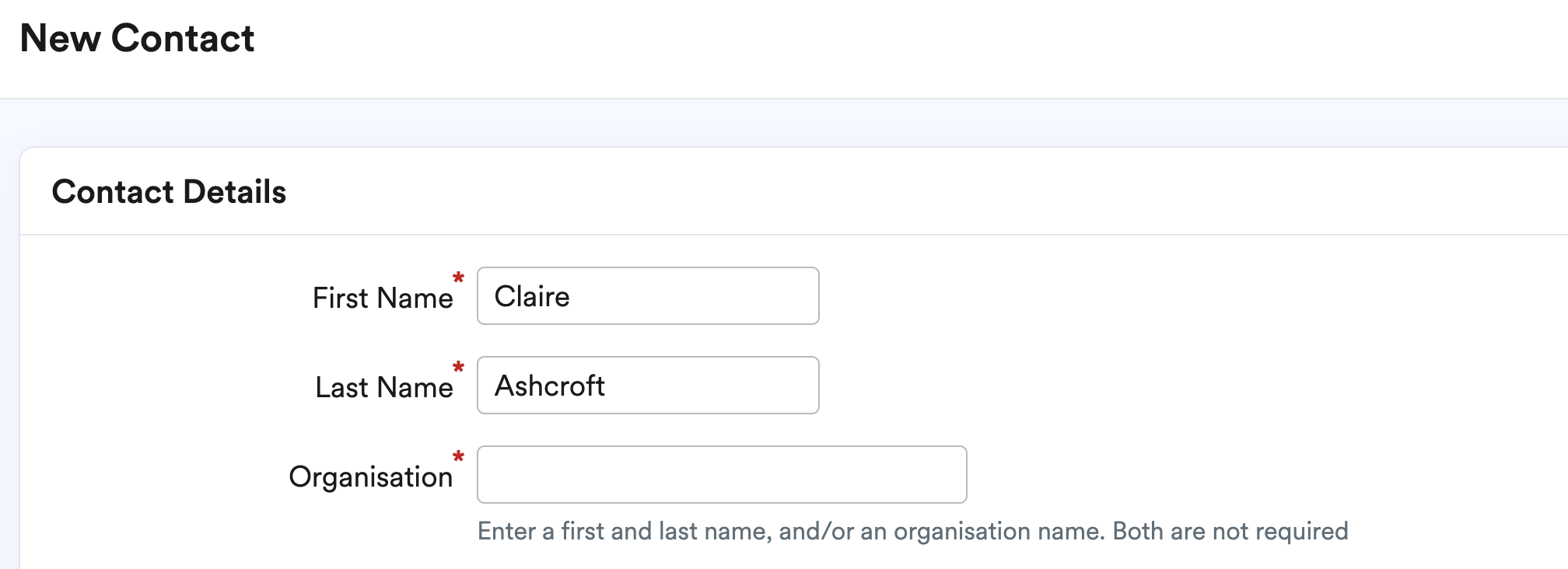 First name, last name and organisation fields in the Contact Details section
