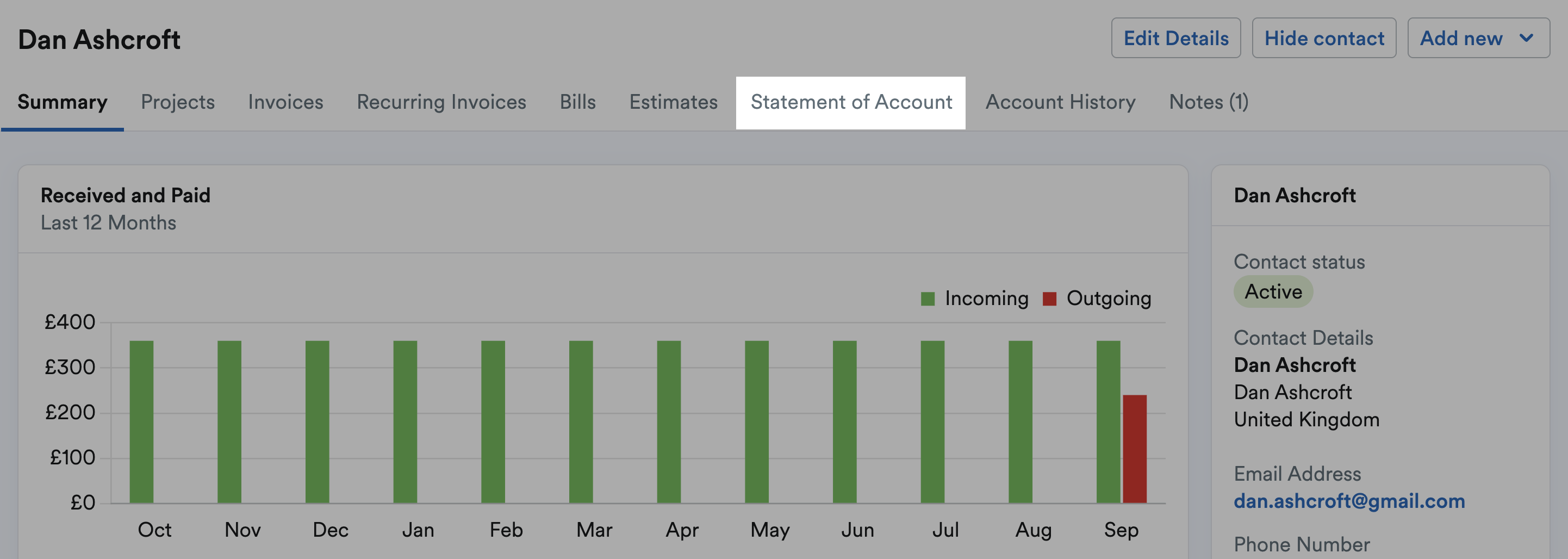 Statement of Account tab highlighted for a contact
