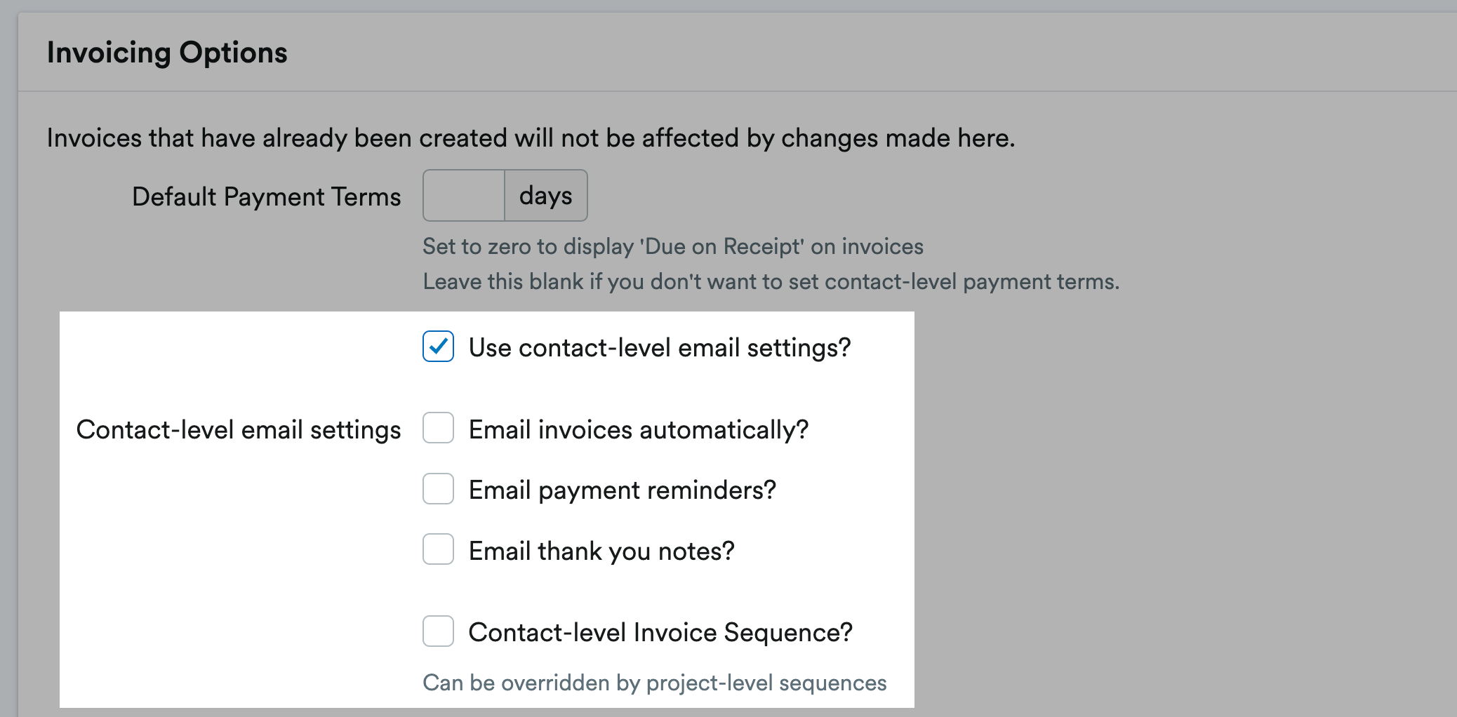 Invoice email settings highlighted in the Invoicing Options section