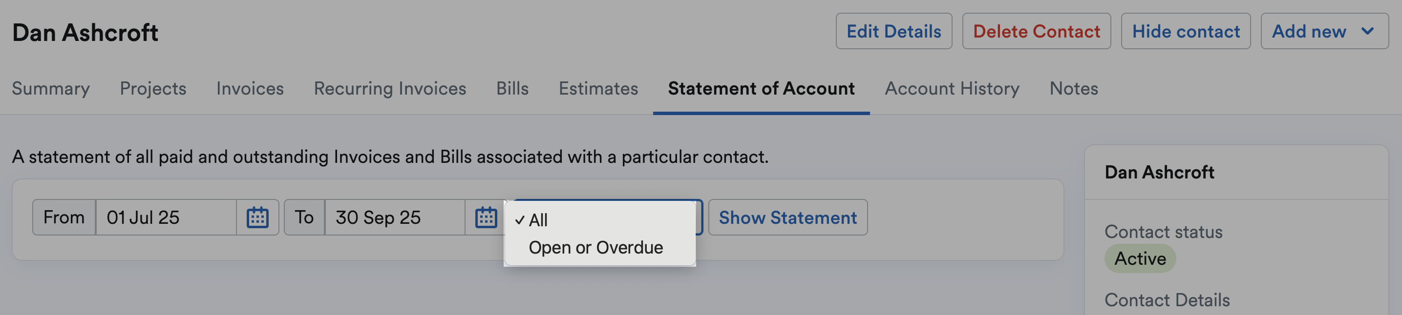 All and Open or Overdue item filter highlighted