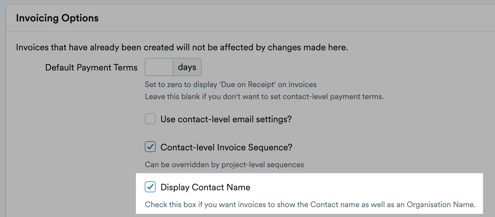 Display Contact Name field highlighted in the Invoicing Options section