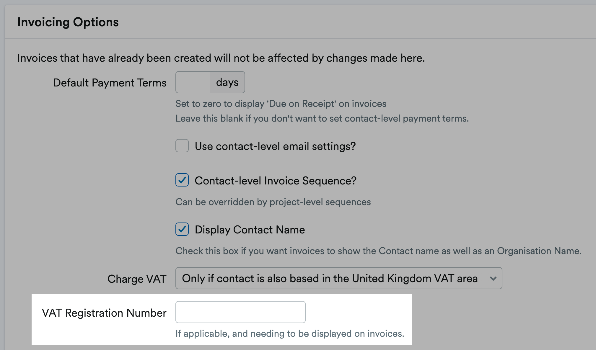 VAT Registration Number field highlighted in the Invoicing Options section highlighted 