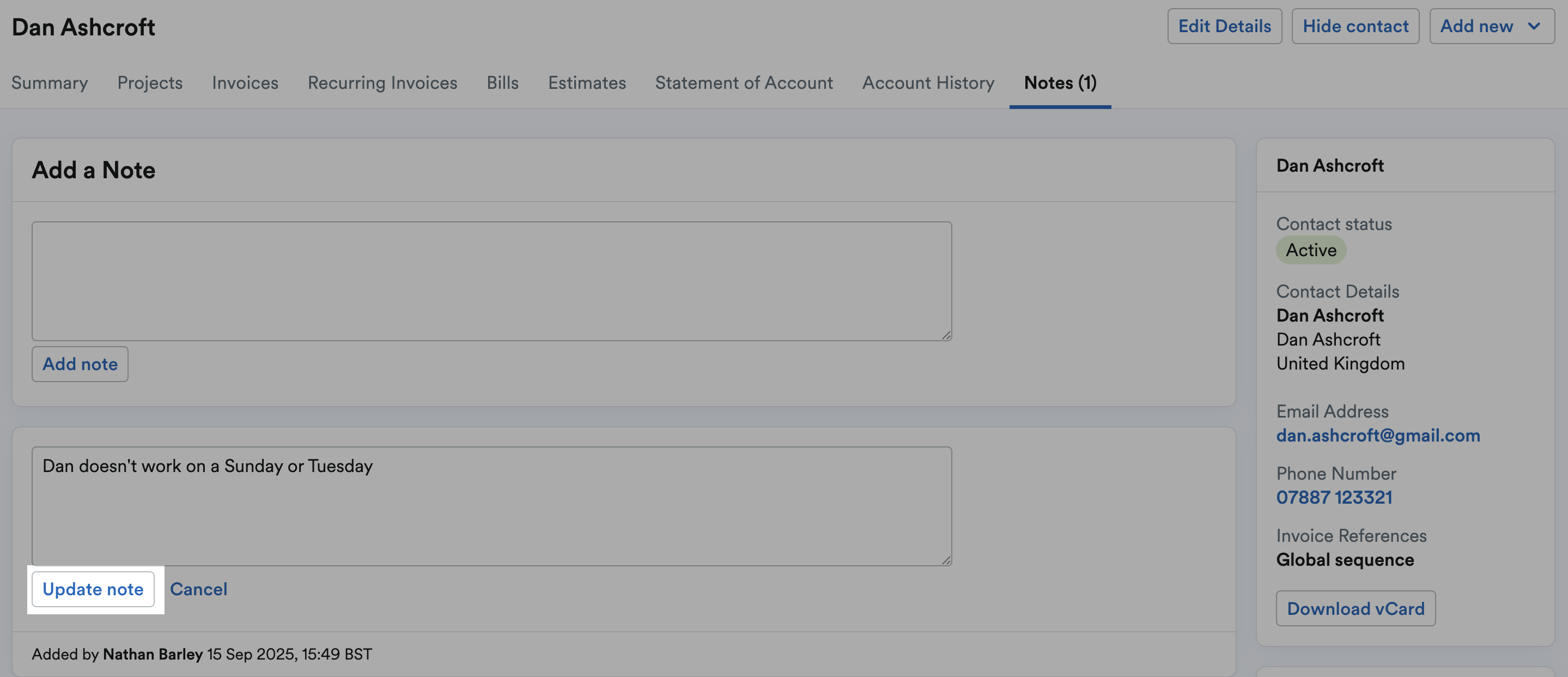 Update note button highlighted for saving changes to a note