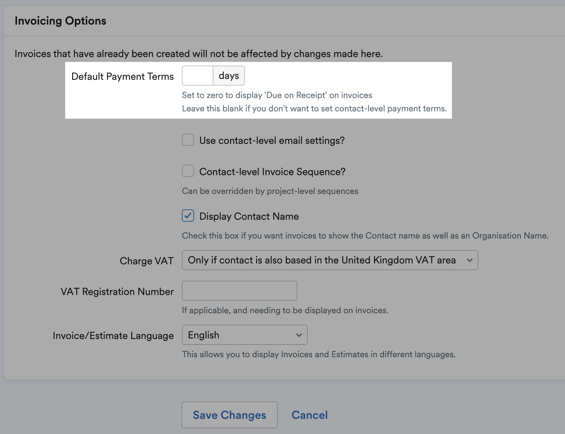 Default Payment Terms field highlighted in Invoicing Options section