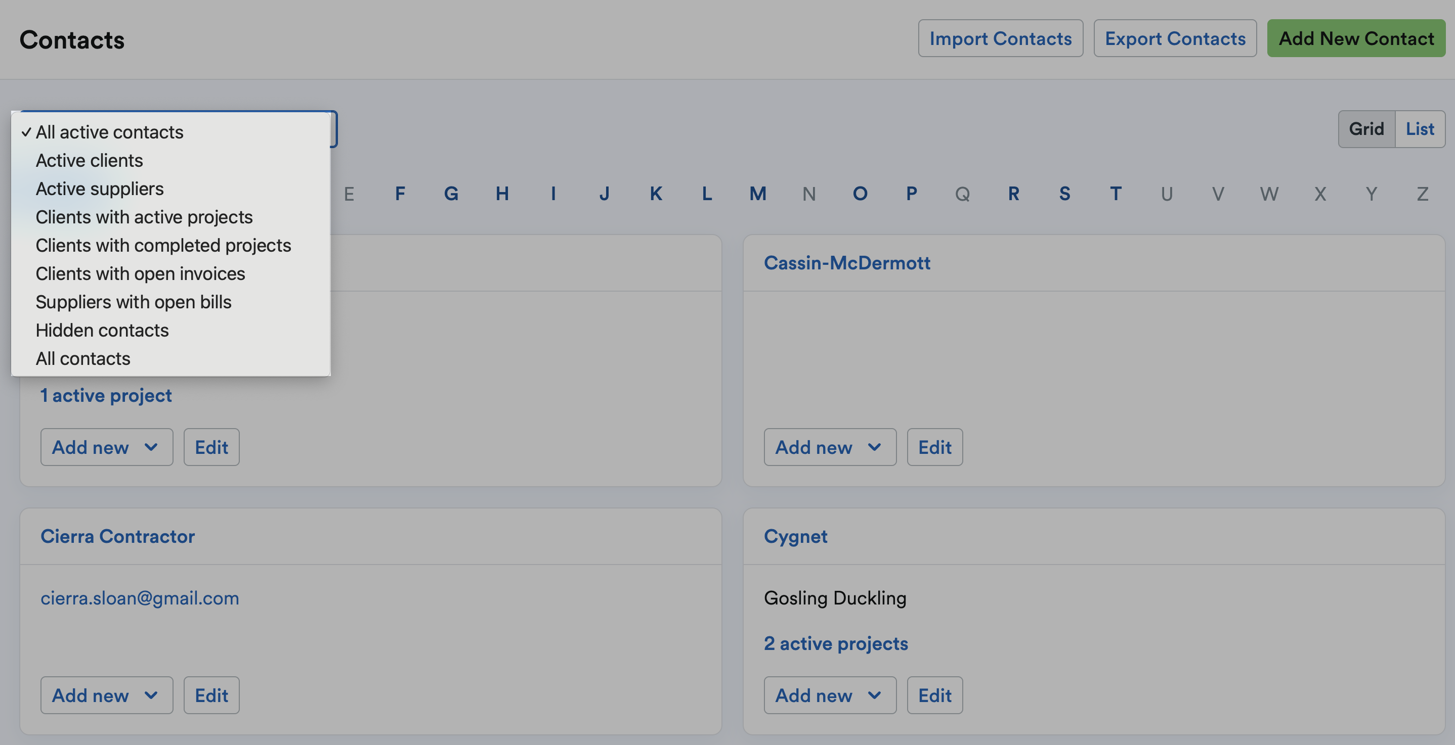 Contacts filter menu highlighted