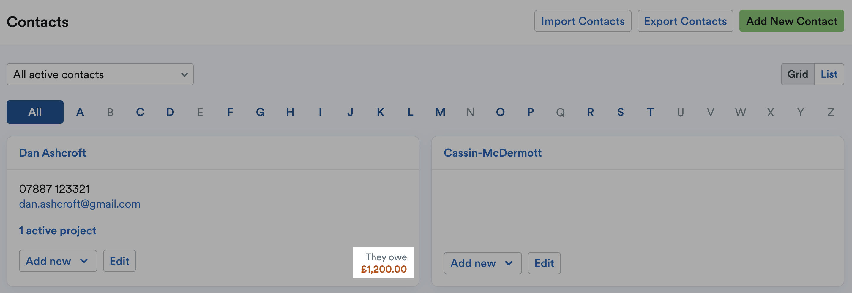 Example of an amount owed from the contact highlighted