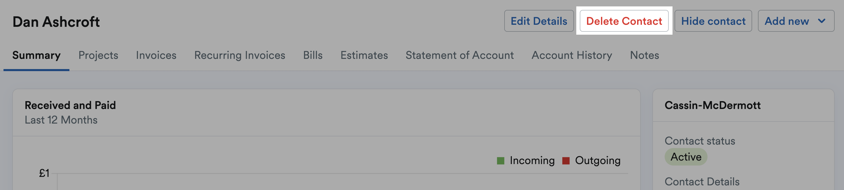 Delete Contact button highlighted